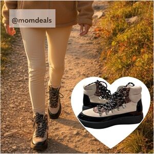Iris Hiker Boots by WODEN Sheepskin Lining Cream Leopard Leather Rubber 7.5 US